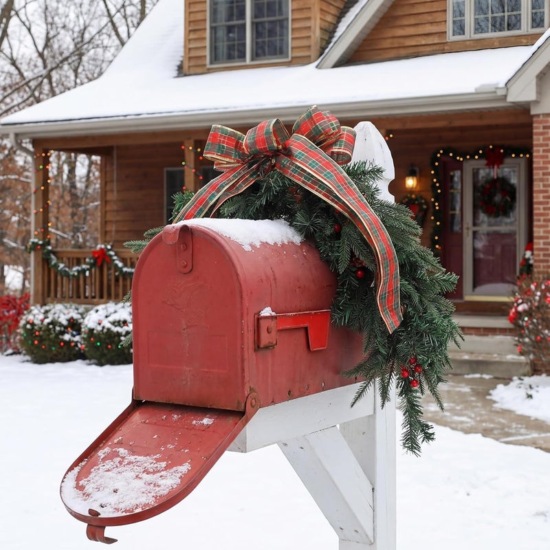 Maysing 55 Inch Christmas Mailbox Swag with Red and Green Checkered Bow Xmas Outdoor Lighted Mailbox Holiday Decoration Artificial Berry Clusters Pine Cones Garland for Mail Box Mantelpiece Indoor - Image 3